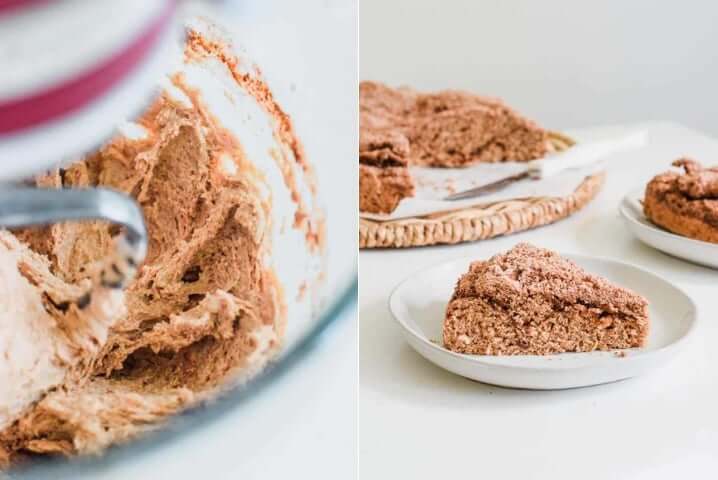 Two images side by side one shows the batter for healthy coffee cake being mixed by a stand mixer, the second photo shows a baked and plated coffee cake ready to eat.