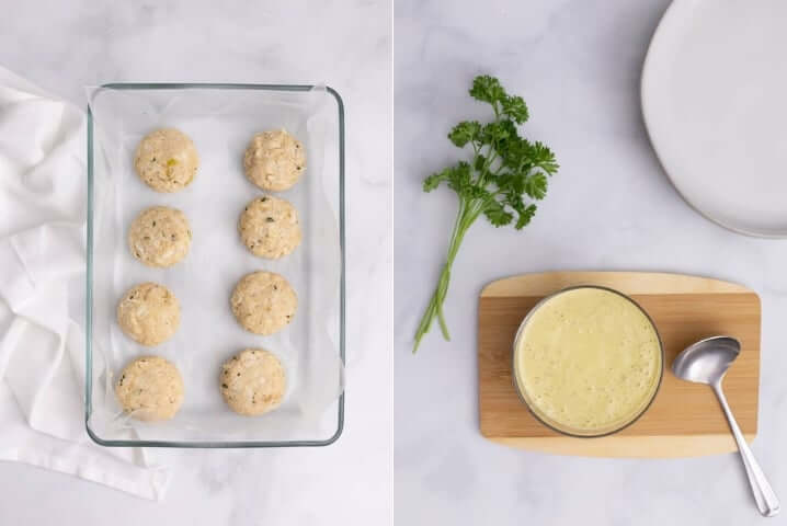 Two images side by side, one shows uncooked crab cakes ready to be baked, the other shows a lemon garlic aioli ready to serve.