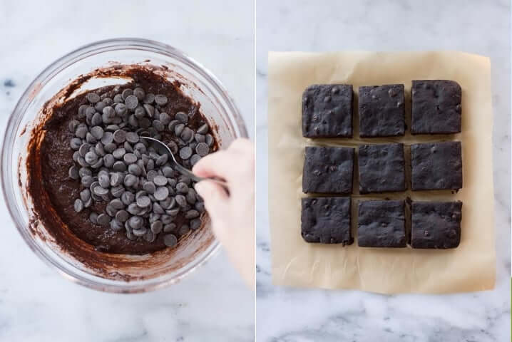 Two photos side by side one shows both the batter for healthy dark chocolate brownies having chocolate chips being folded into the mixture. The other photo shows the healthy dark chocolate brownies cut into 9 pieces and being set out to cool.