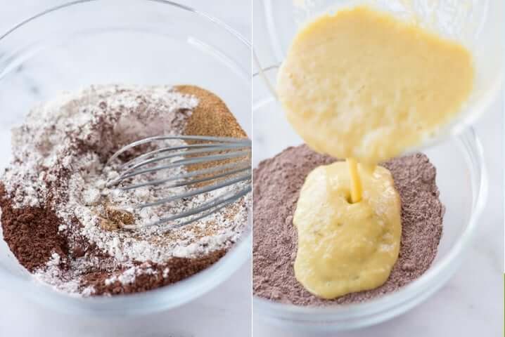 Two images side by side one shows dry ingredients for healthy dark chocolate brownies being mixed, the other shows that same mixture after being mixed and has a wet mixture being poured into the bowl.
