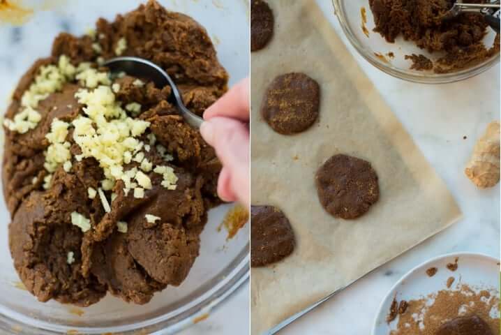 Two photos side by side one shows the batter for the ginger molasses cookies getting mixed, the next image shows a tray full of uncooked cookie batter ready to bake.