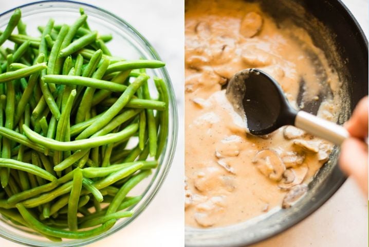 Two photos side by side, one shows washed green beans ready to be cooked, the other shows a mushroom sauce getting stirred in a pan.