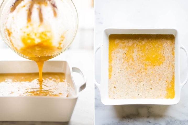 Two photos side by side one with the healthy lemon bar mixture being poured into a square pan, the other shows that same liquid only after being poured into the pan.