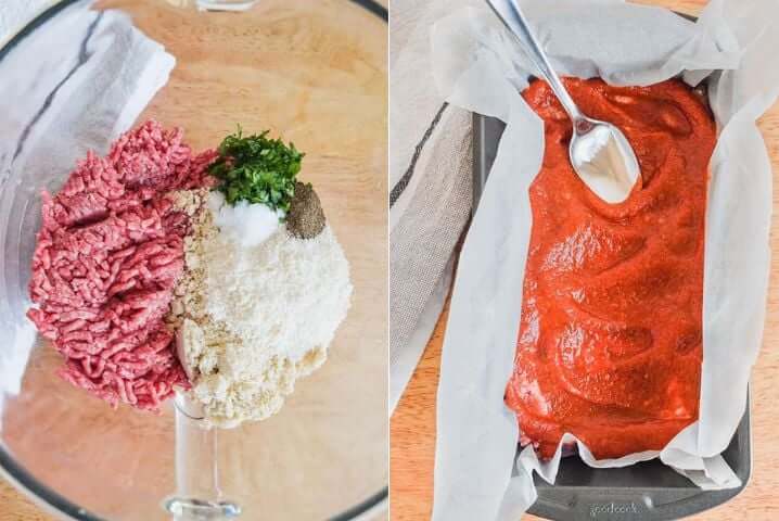 Two photos side by side, one shows ingredients for meatloaf read to be mixed the other shows meatloaf being covered by a glaze.