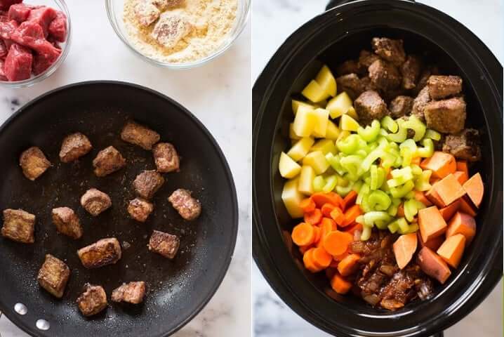 Two photos side by side one shows cubed chunks of meat searing on a pan, while the other shows ingredients for slow cooker beef stew uncooked in a slow cooker.