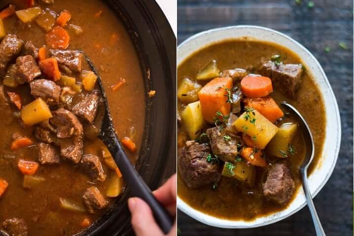 Two photos side by side, one shows the slow cooker full of beef stew slowly cooking, the other shows a finished version thats plated and ready to eat.