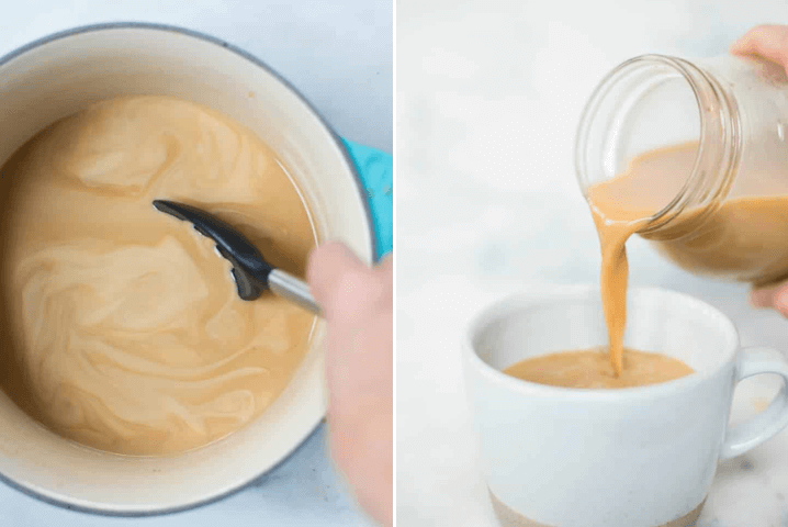 Two photos side by side, one with a pot full of creamed coffee, the other has the mixture being poured into a mug.