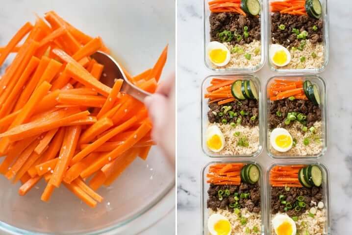 Two photos side by side, one with carrots sliced in a bowl the other with 6 meal prep containers full of korean beef bowl.