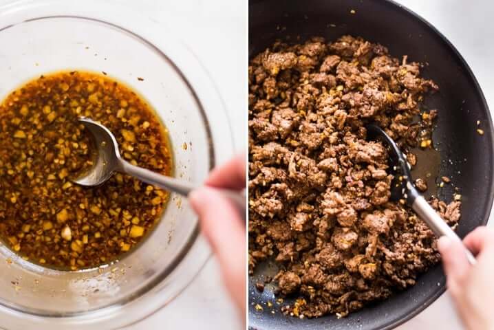Two Photos side by side one with a garlic mixture and the other with ground beef cooking in a pan.