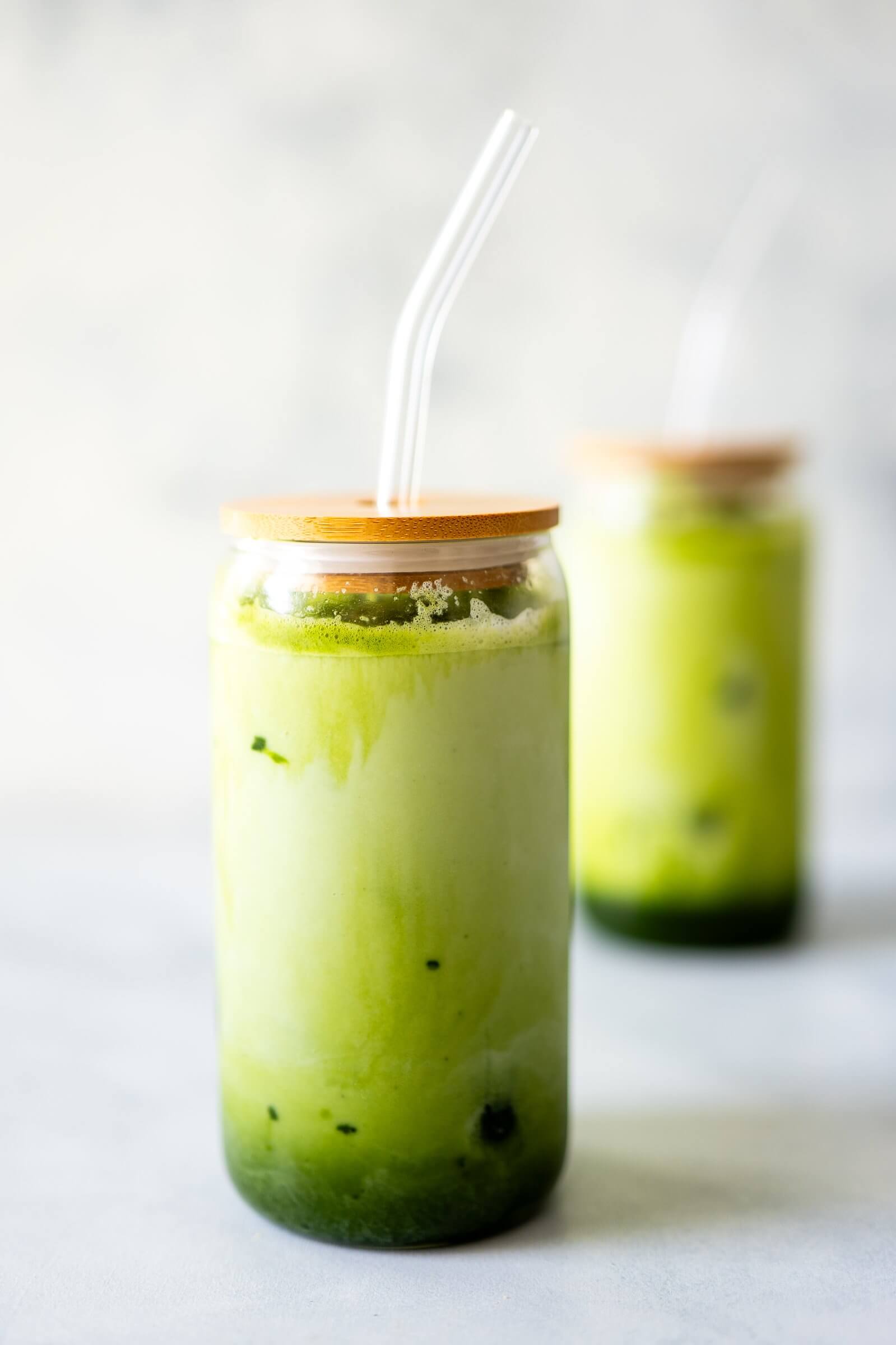 Finished version of iced matcha collagen latte.