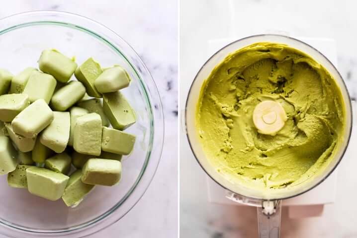 Two images side by side one with ice cubes made out of matcha frozen yogurt in a clear bowl, the other photo shows those same ice cubes after being blended in a food processor.