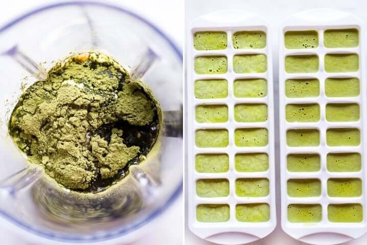 Two photos side by side, the first image has ingredients for matcha frozen yogurt in a blender unblended, the other photo has matcha frozen yogurt mixture poured into ice cube trays.