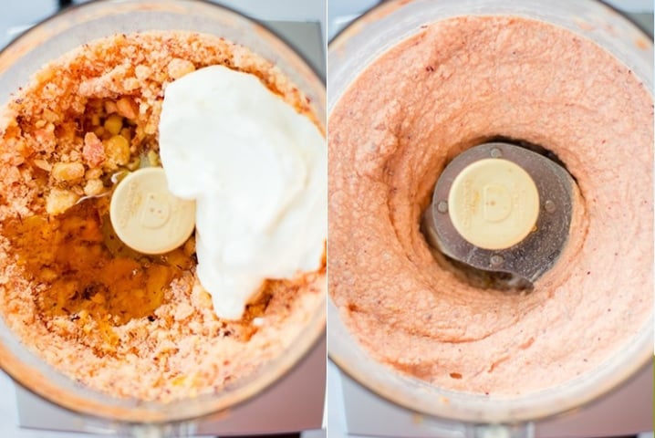 Two photos side by side one with blended peaches with honey and other ingredients before being blended the other after being blended.