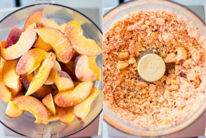 Two photos side by side one with unblended peaches the other those same peaches after being blended.