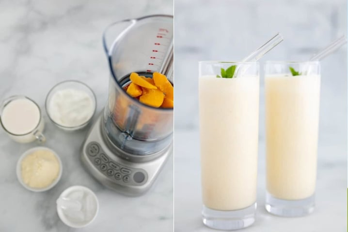 Two photos side by side one has ingredients for peach protein shake layed out to place into a blender, the other has the final blended version of peach protein shake.