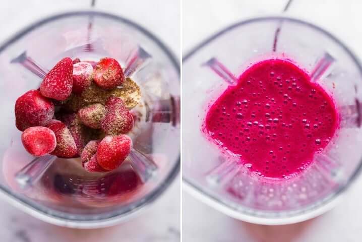 Two images side by side, one with ingredients for pink power protein smoothie before being blended, the other after being blended.
