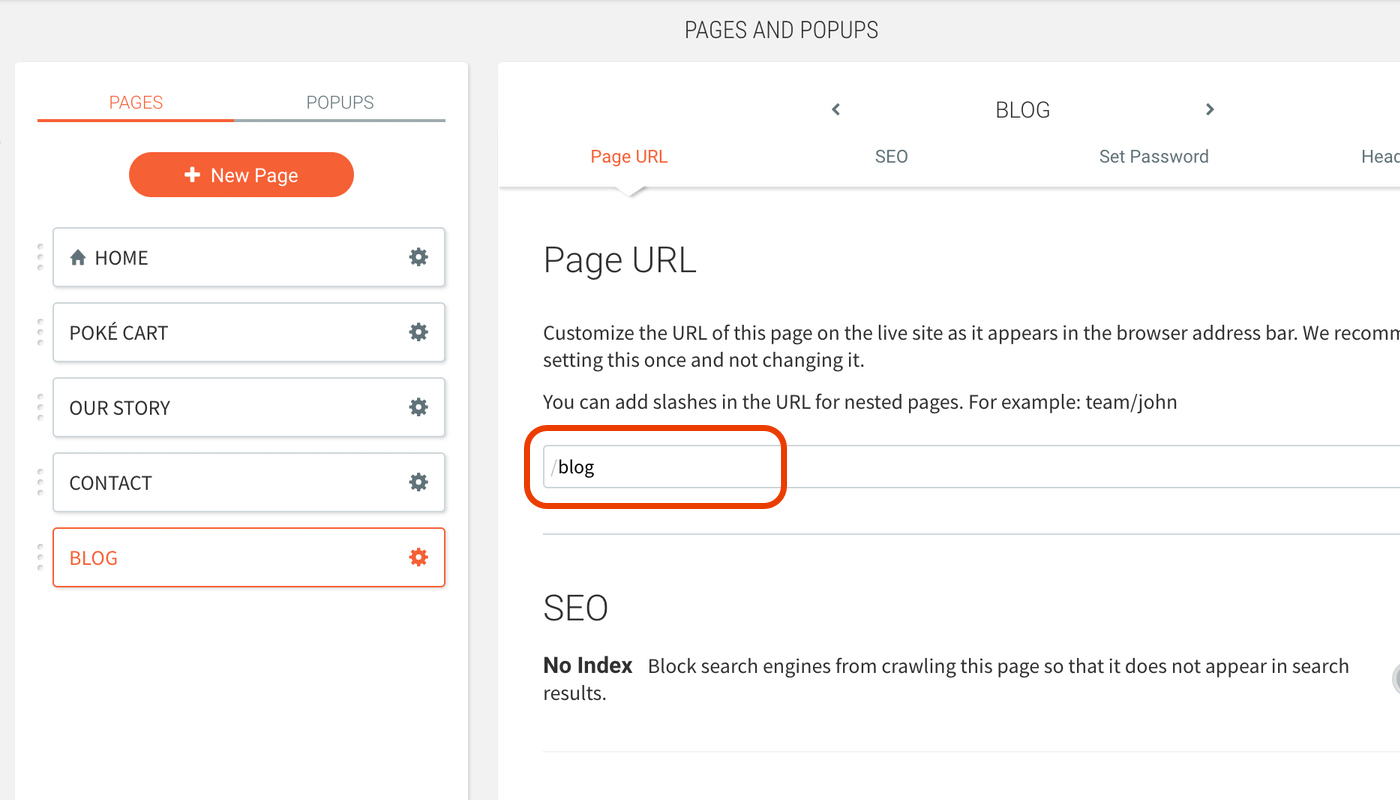 Edit page URL field in Duda