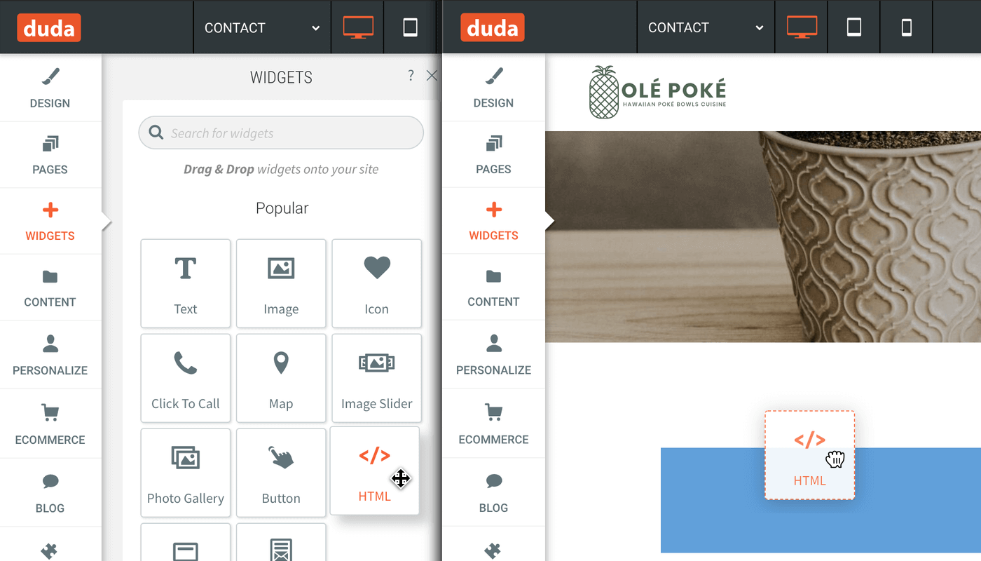 Drag and drop HTML Content widget in Duda