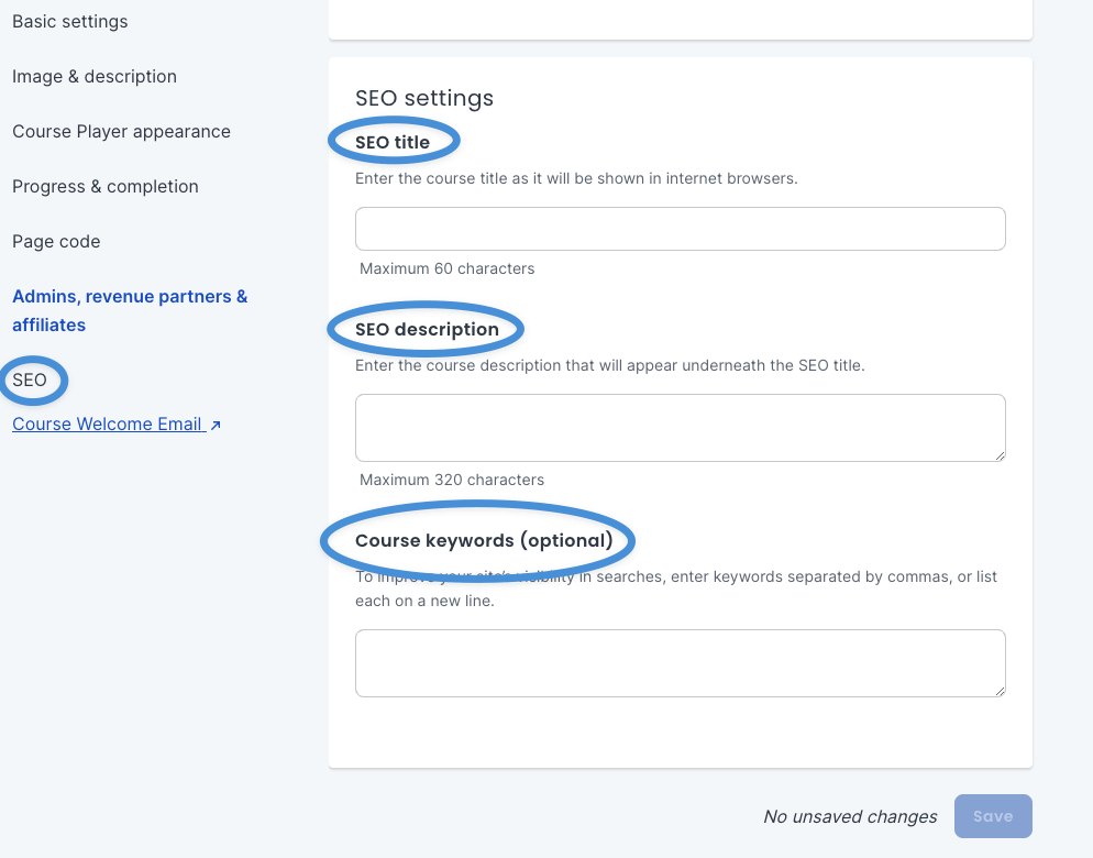 SEO settings in Thinkific