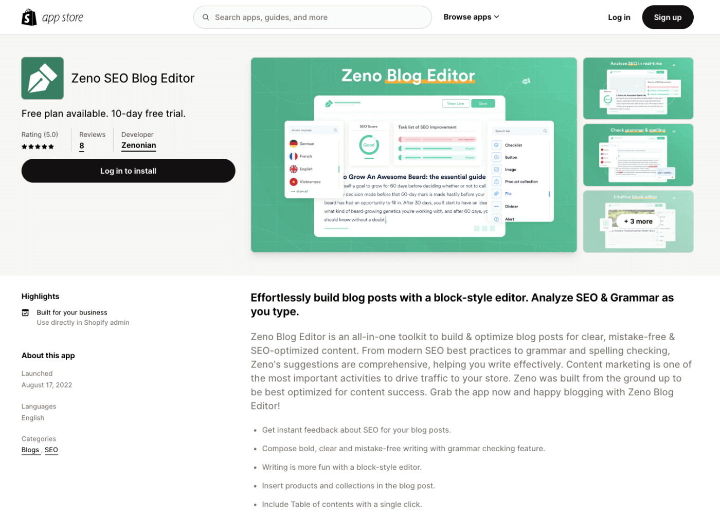 Zeno SEO blog editor Shopify page