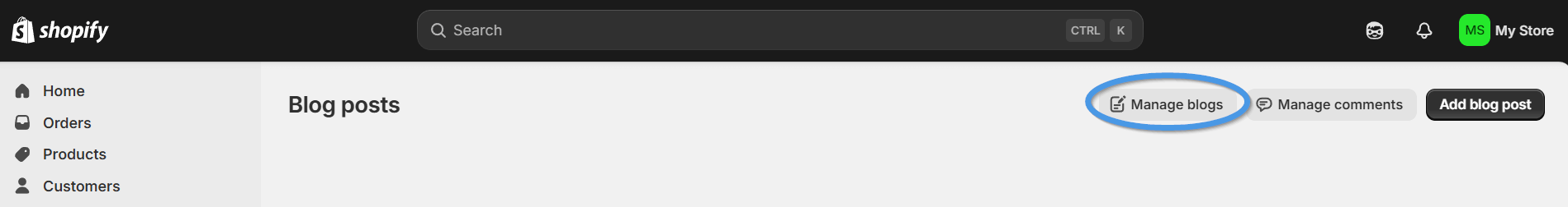 Open blog settings in Shopify