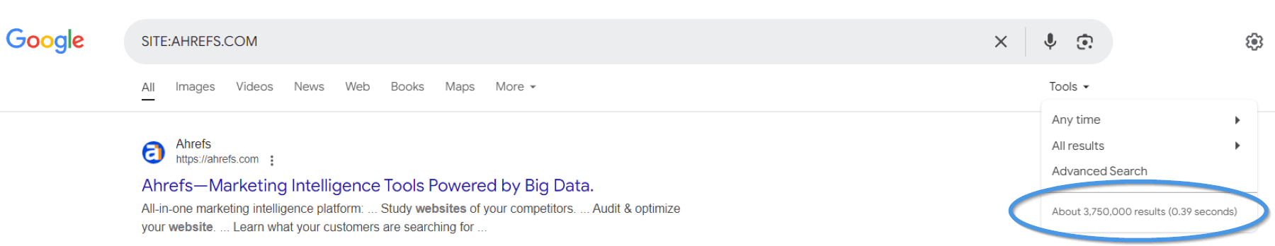 Ahrefs website: number of pages