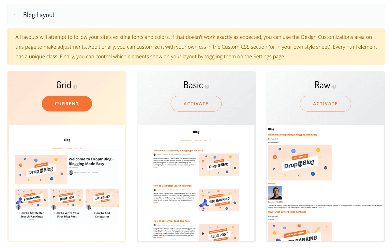 DropInBlog blog layouts