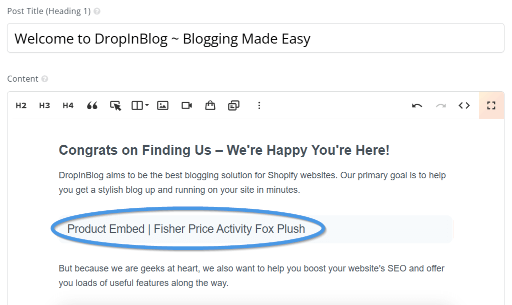 Embed product placeholder in DropInBlog's editor