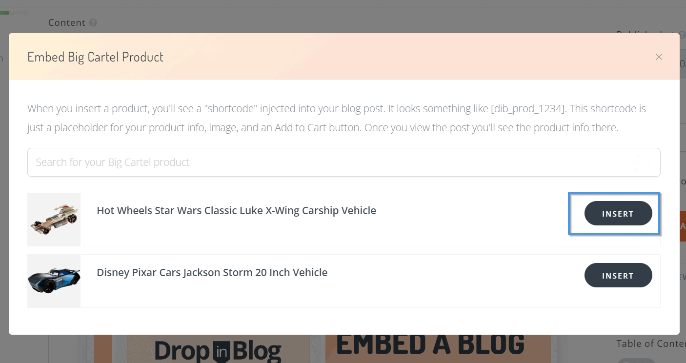 Enterprise blogging: embed a product from the DropInBlog post editor