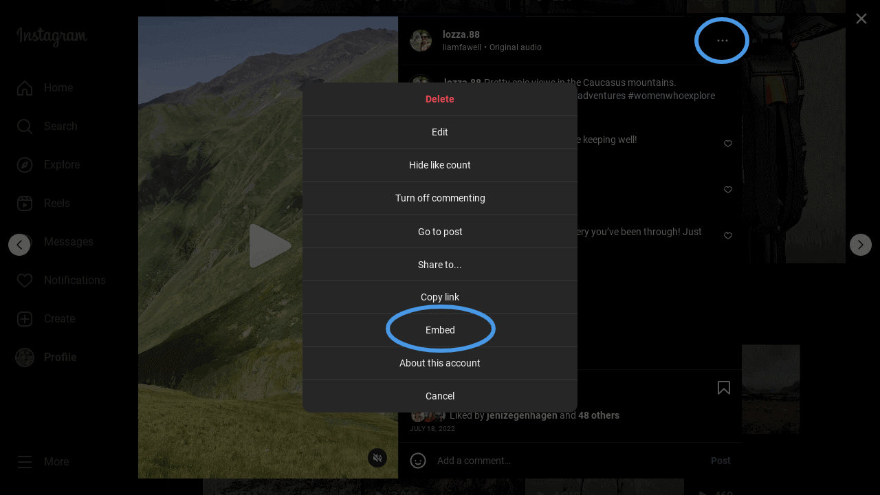 Embed Instagram videos in Shopify: Copy embed code from an Instagram reel