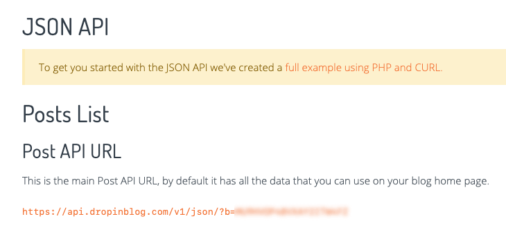 JSON API details from DropInBlog settings