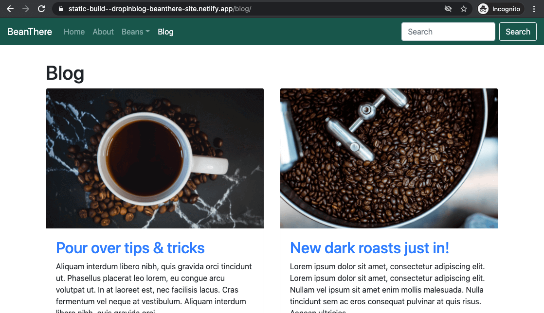 Existing example website blog, using DropInBlog embed option