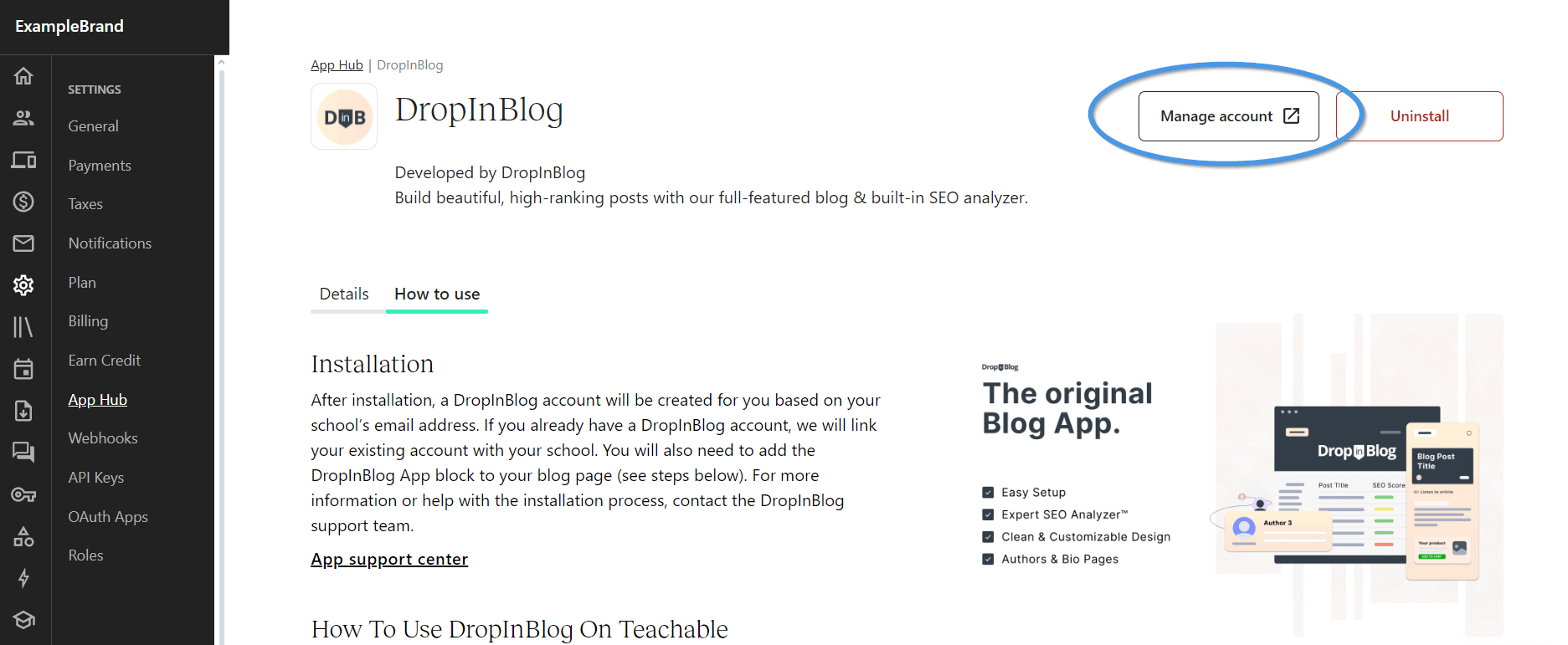 Accessing DropInBlog from your Teachable dashboard