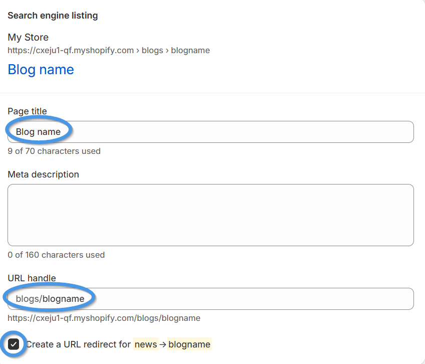 Search engine listing section in Shopify