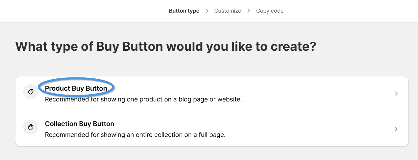 Add products to blog posts in Shopify: Select Buy Button type