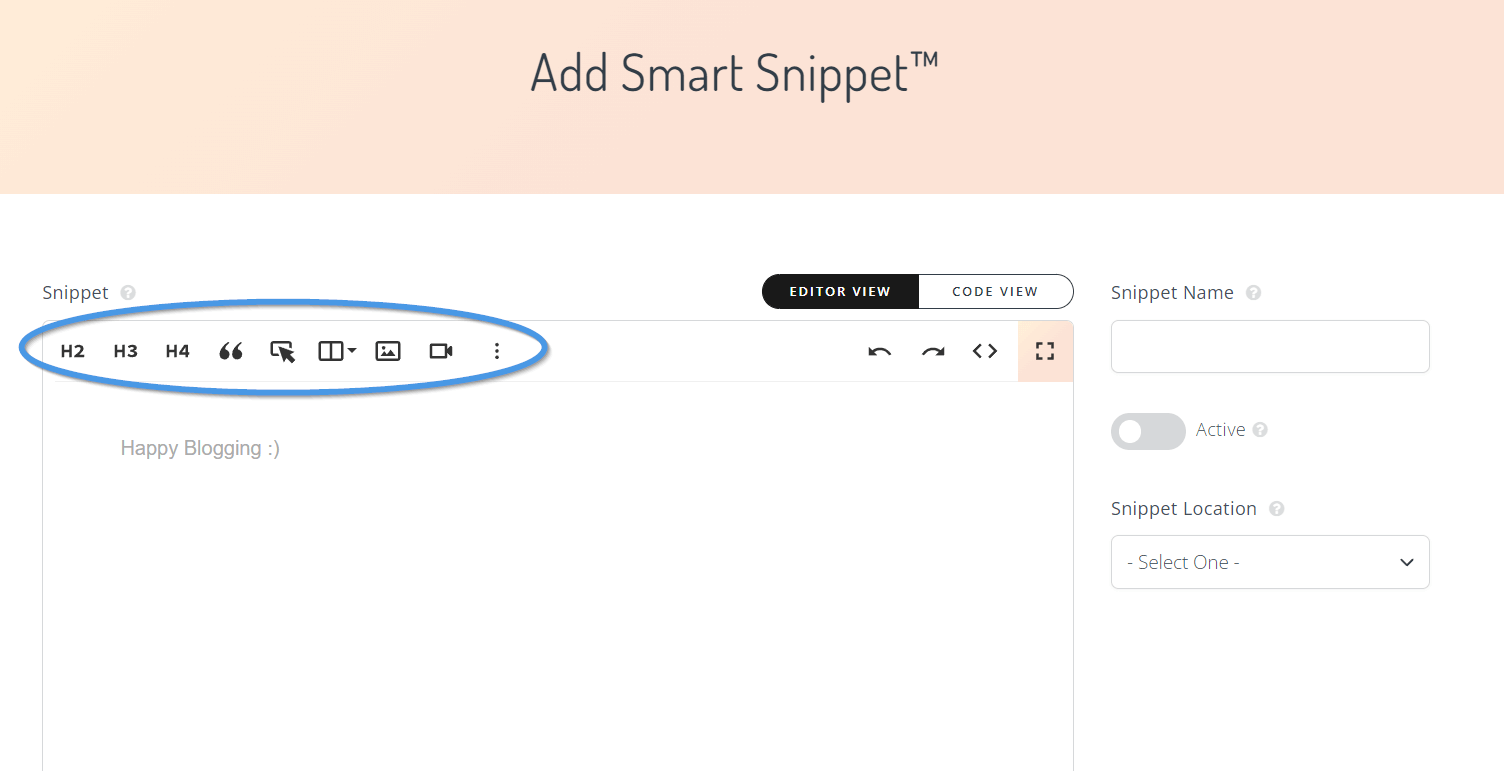 Creating a new Snippet from the Smart Snippets editor