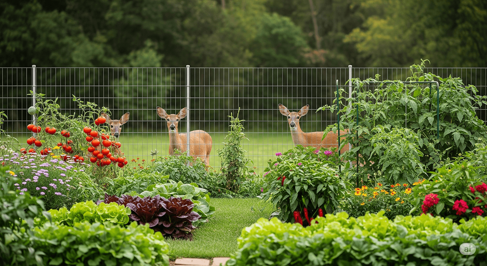 Alt text: A homesteading and gardening scene with thriving vegetables, raised beds, and protective fencing, with deer visible on the opposite side of the fence.