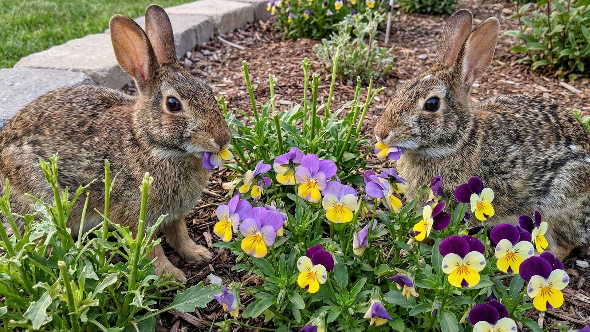 Rabbits eating flowers
