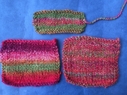 Lower left, matching colors; lower right, mixed up colors, top swatch mixed up colors as a striped within a solid green stripe.