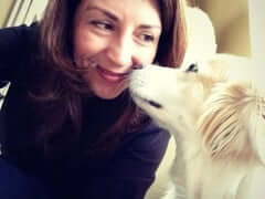 Angela and Audrey Pearl, one of our two studio dogs.
