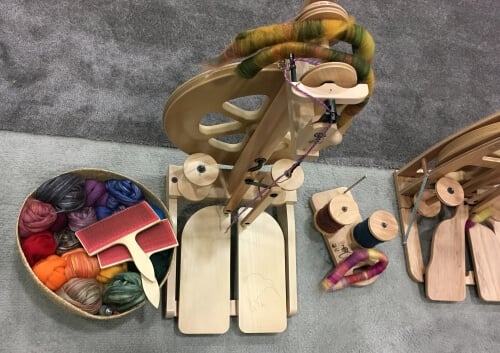 Ashford spinning wheel, fiber and hand carders