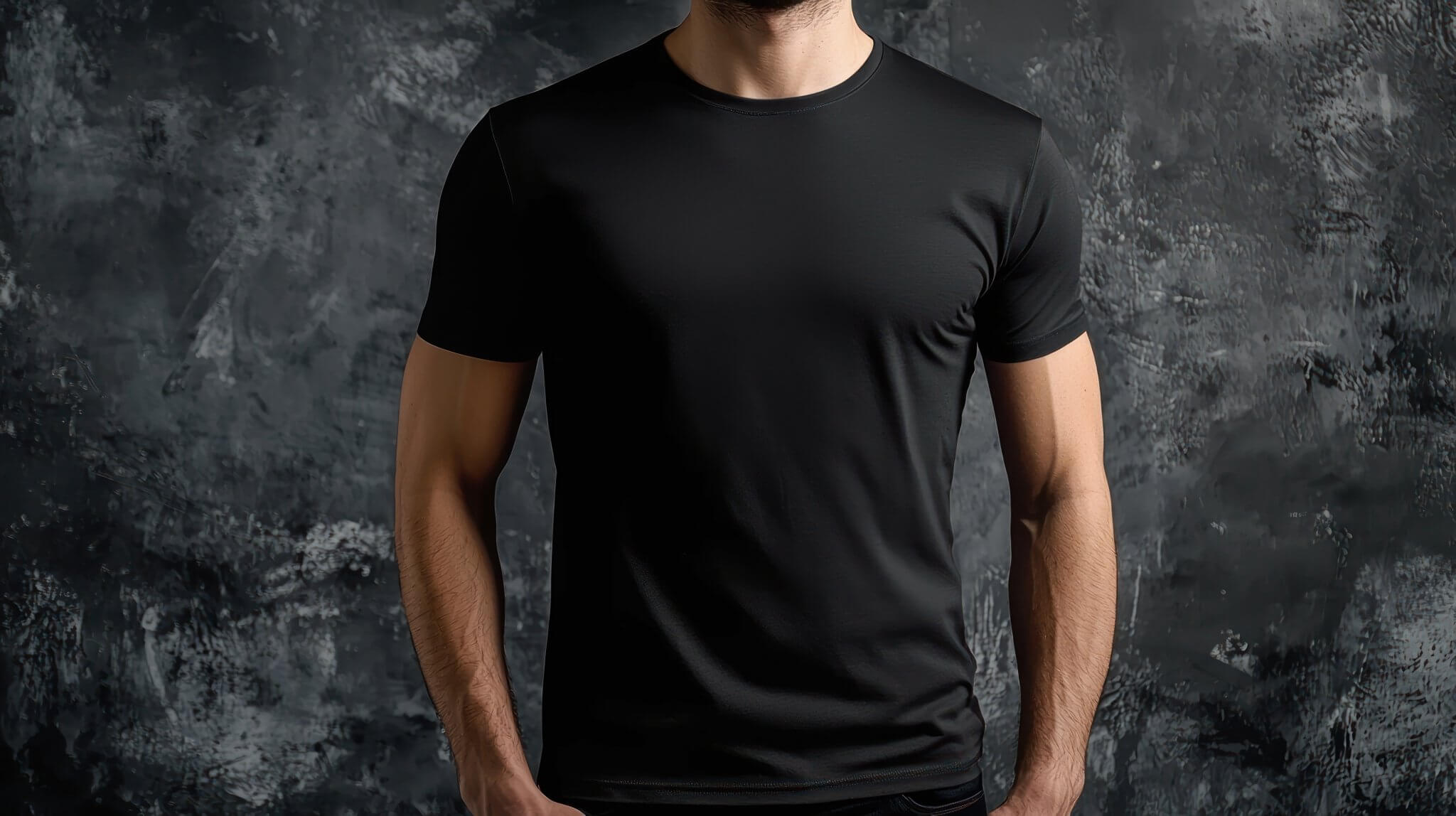 Man wearing tight fitting shirt in minimalist streetwear style representing sustainable fashion and confident fit.
