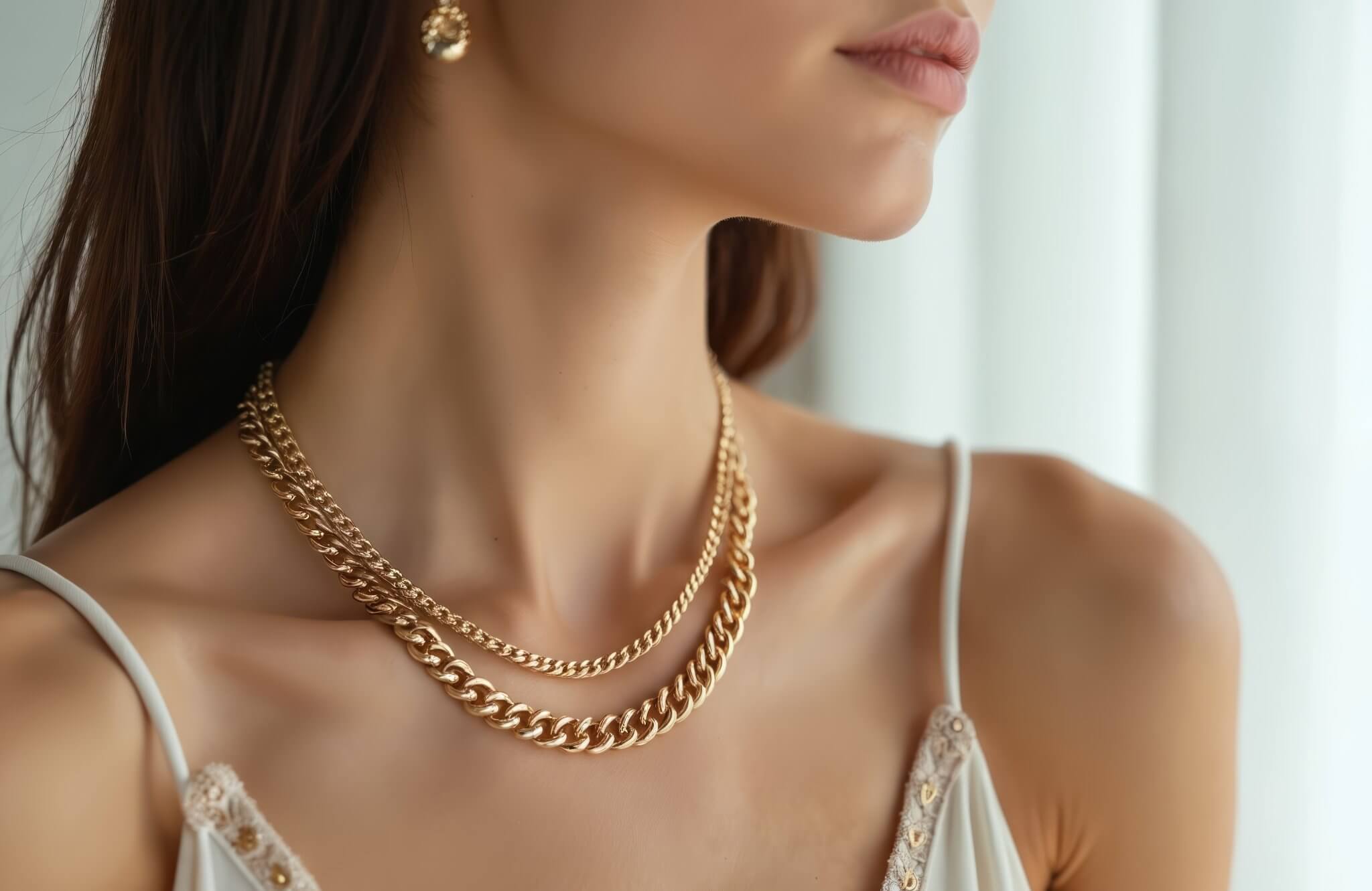 Millennial-style layered chain necklace in minimalist sustainable fashion.
