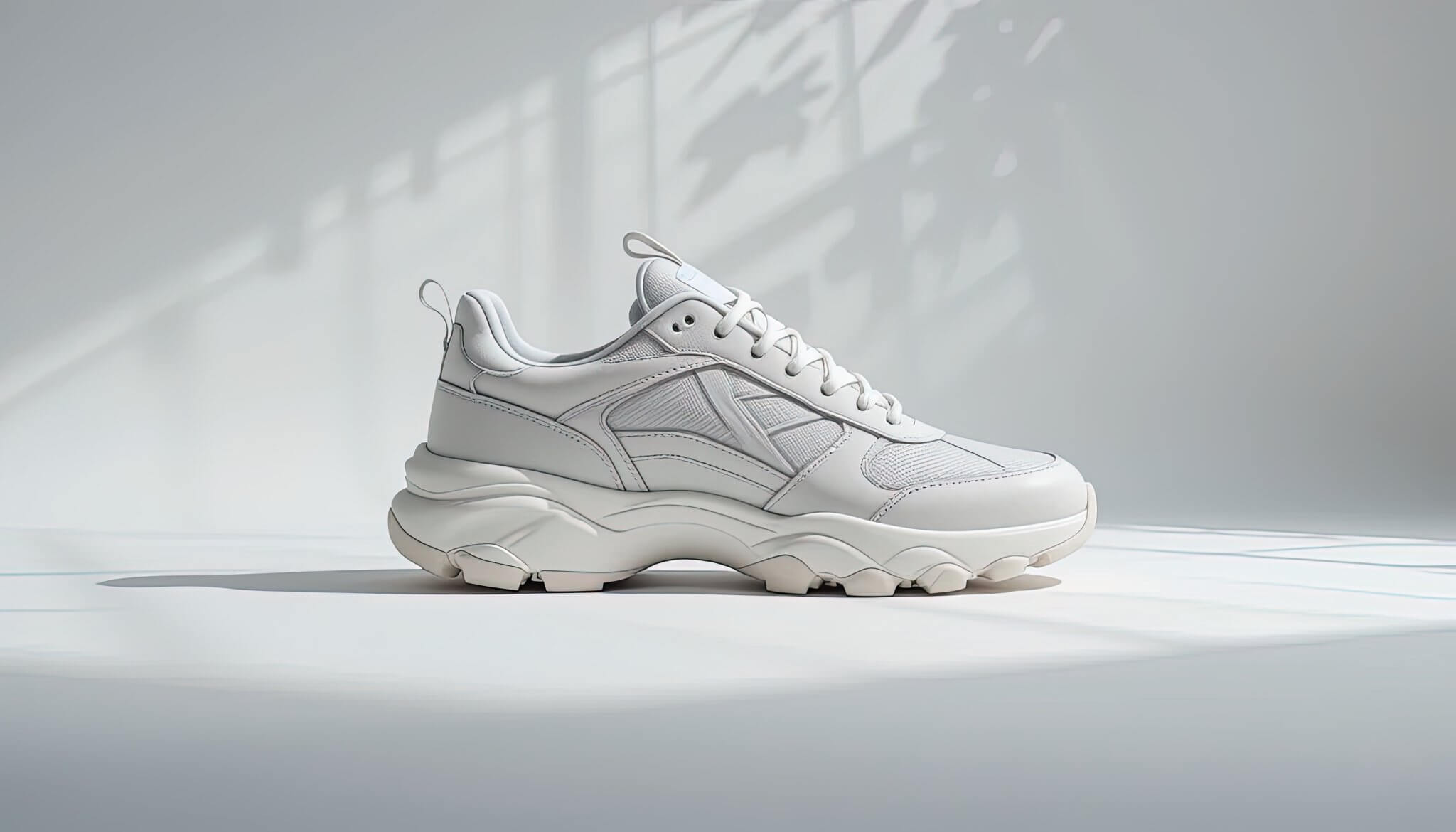 Millennial-style chunky sneaker in minimalist neutral streetwear design.