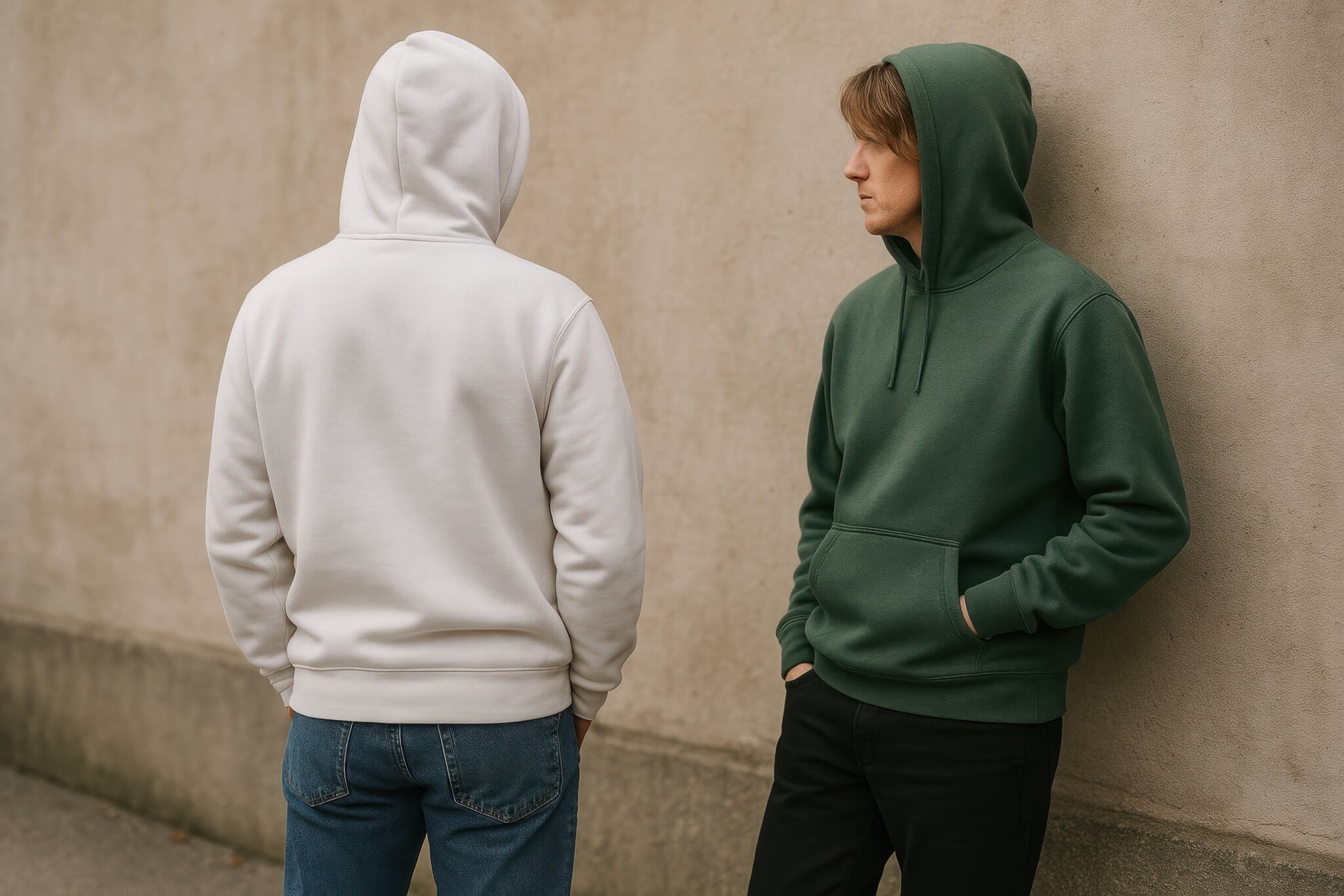 Minimalist millennial-style hoodie in sustainable streetwear fashion.