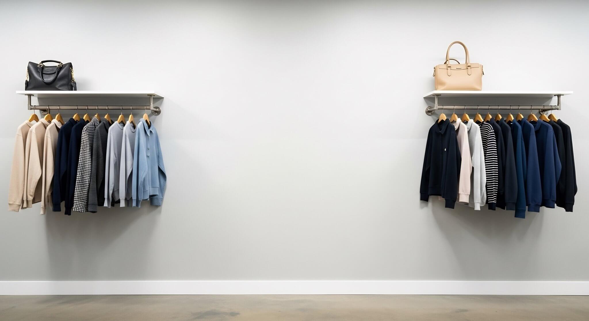 Minimalist clothing rack displaying durable wardrobe essentials from the most durable clothing brands, featuring neutral tones and timeless design.