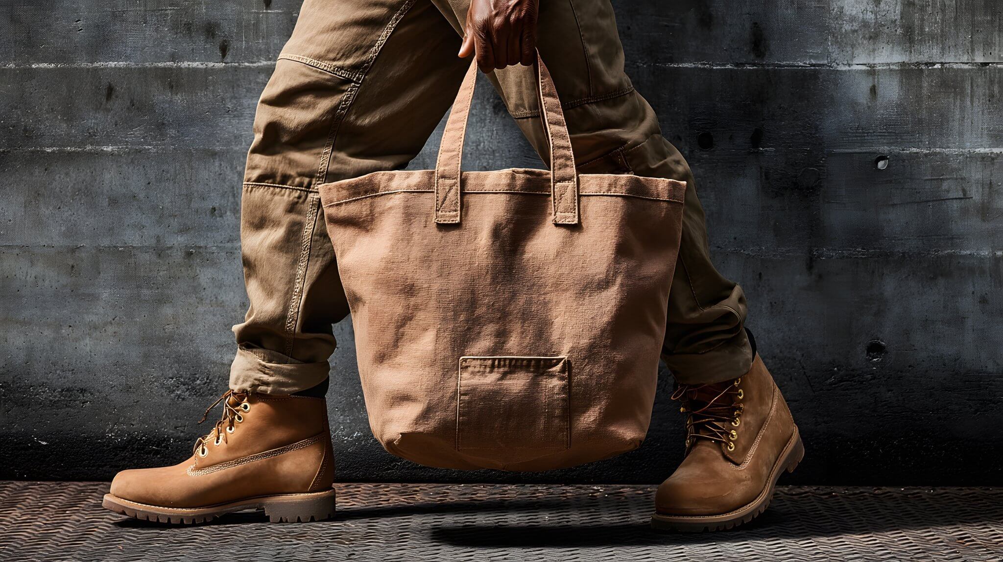 Model wearing a durable pants and rugged boots, showcasing timeless outerwear and footwear from the most durable clothing brands.