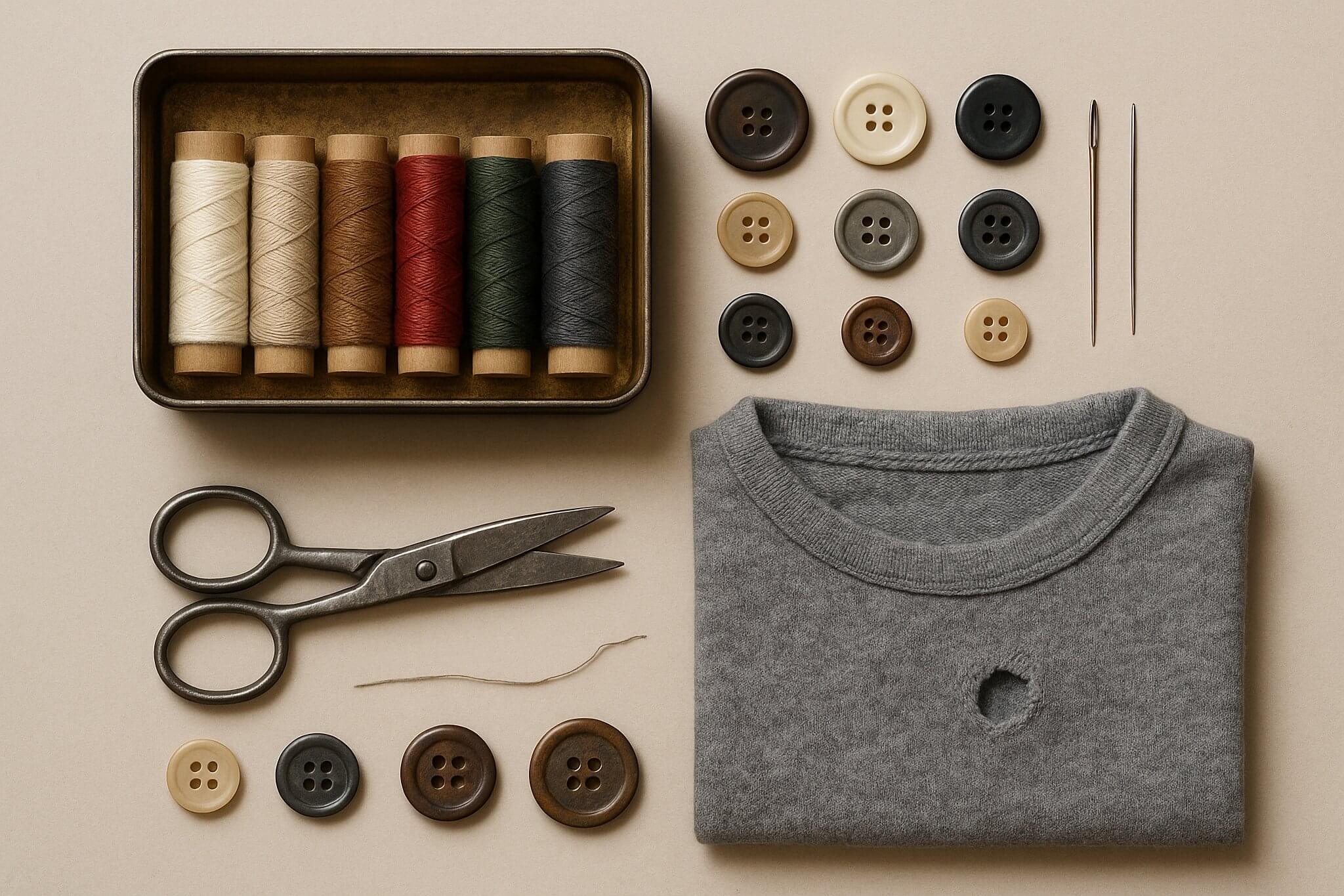 Flatlay of a clothing repair kit with needles, thread, and fabric patches symbolizing the longevity and craftsmanship of the most durable clothing brands.