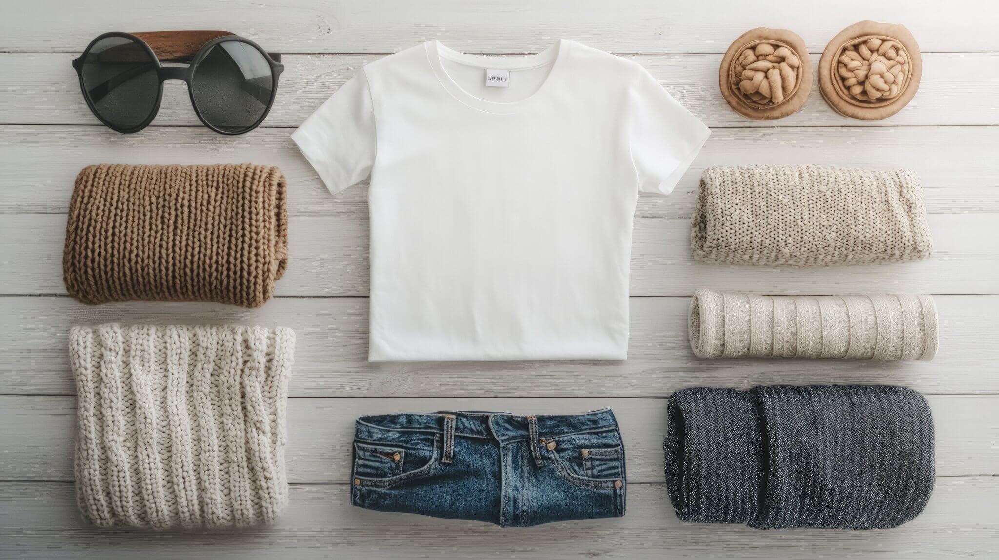 Flat lay of a minimalist capsule wardrobe in charcoal, forest, and sand tones from non-fast fashion brands.