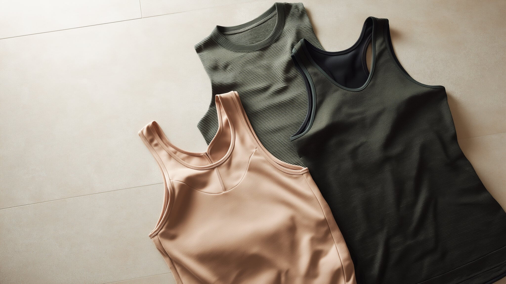 Minimalist soft workout clothes flatlay featuring sustainable activewear essentials in neutral tones
